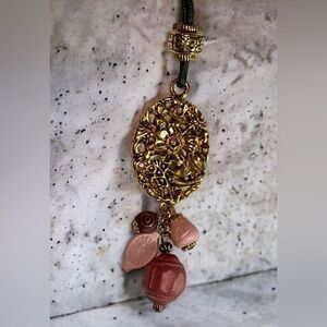 EIVIND HILLESTAD Marked EH Gold Plate Pendant Pink Bead Cord Necklace NORWAY